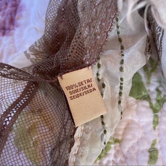 Stunning Silk Tan Orange Sete De Jaipur Mixed Media Mesh Embroidered Silk Scarf - Picture 9 of 15